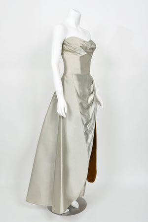 1950's Anne Verdi Couture Ice-Blue Silk Strapless Ruched Hourglass Skirted Gown