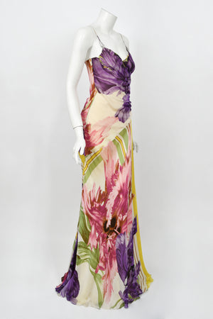 2005 Roberto Cavalli Large-Scale Floral Silk Bustier High-Slit Gown & Shawl