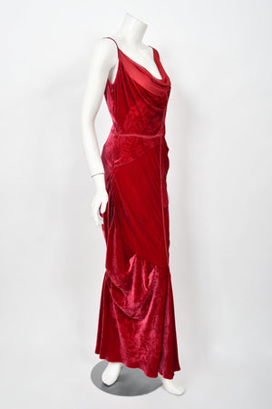 2006 Christian Dior by Galliano Ruby Red Velvet Asymmetric Draped Bias-Cut Gown