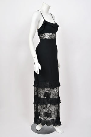 1994 Chanel by Karl Lagerfeld Cruise Collection Sheer Black Lace Ruffle-Trim Lingerie Gown