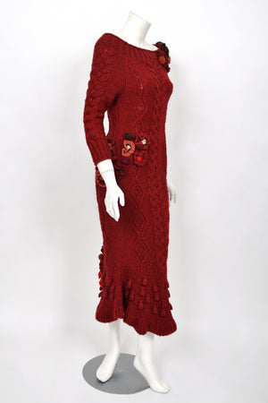 2005 Alexander McQueen Runway Burgundy Wool Knit Hourglass Sweater Dress