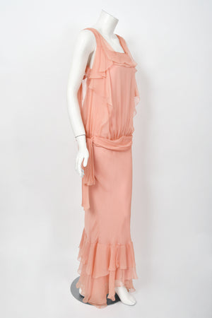 2008 John Galliano Pale Pink Semi-Sheer Silk Draped Ruffle Bias-Cut Gown