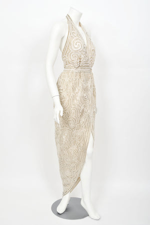 1970's Halston Couture Ivory Beaded Sheer Lace Backless Halter Wrap Gown