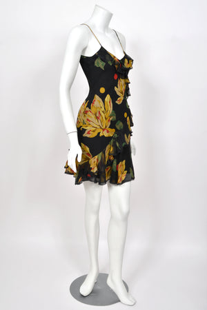 2004 John Galliano Large Scale Deco Floral Chiffon & Lace Bias-Cut Slip Dress