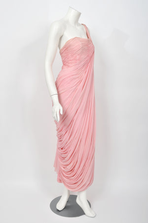 1958 Jean Dessès Haute Couture Attributed Pink Ruched Chiffon Goddess Gown