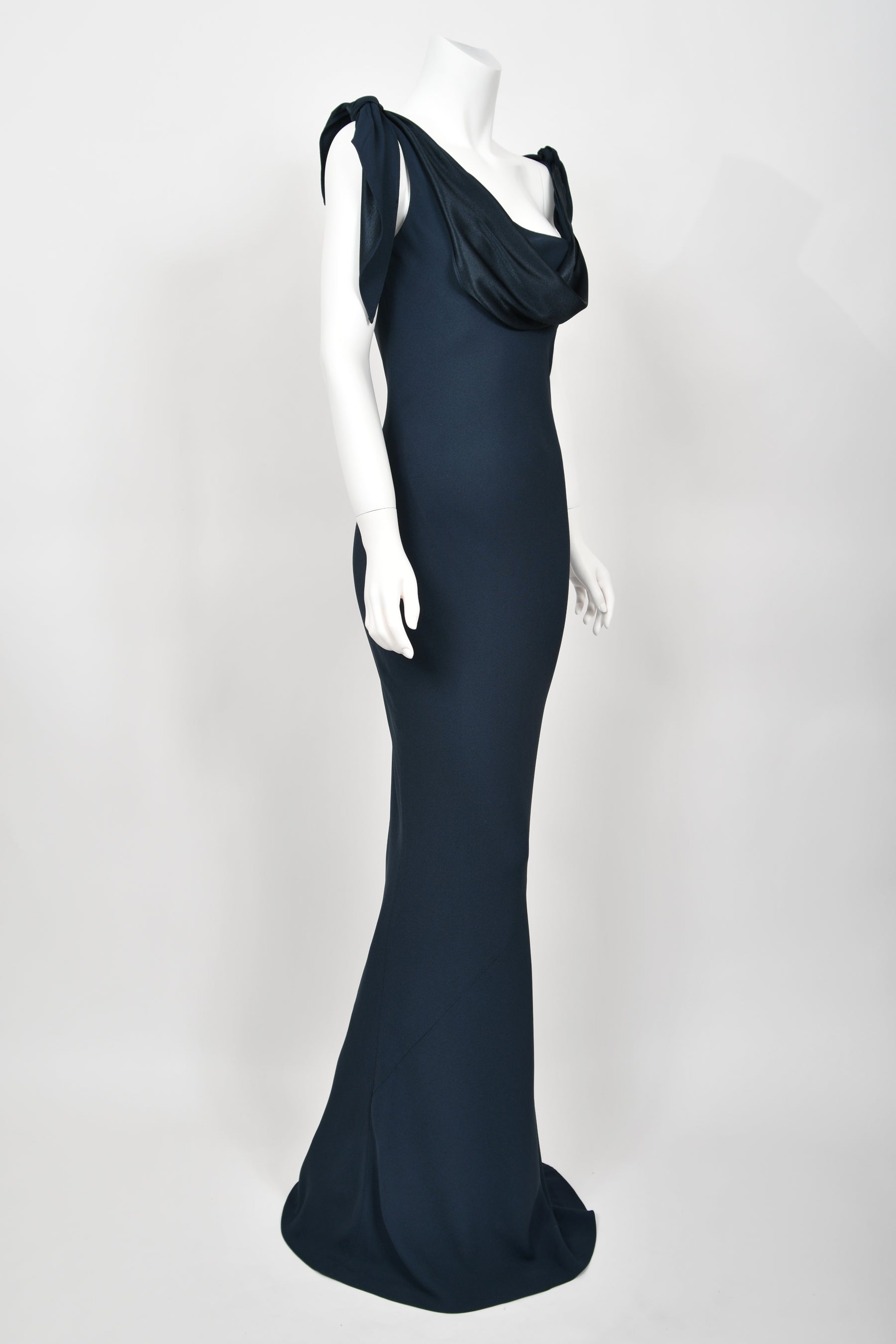 1998 Christian Dior by John Galliano Navy Blue Silk Draped Bias-Cut Evening Gown