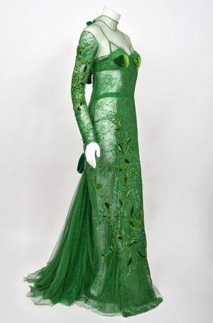 2011 Tom Ford Emerald Green Embroidered Sheer Tulle Lace Velvet-Bra Trained Editorial Gown