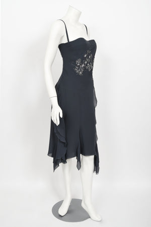 2006 Christian Dior by John Galliano Beaded Gunmetal Silk Bustier Dress