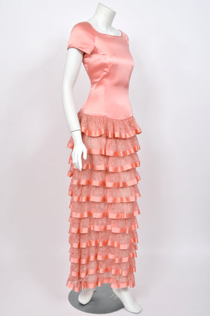 1993 Valentino Runway Blush Pink Silk & Sheer Chantilly-Lace Tiered Ruffle Maxi Dress