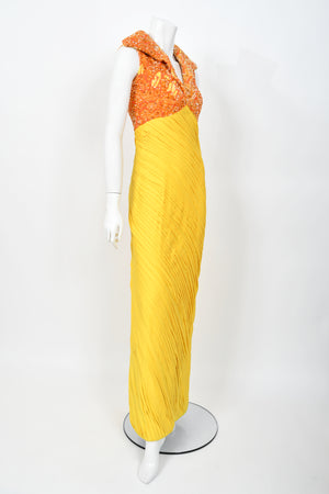 1968 La Mendola Heavily Pleated Yellow Silk-Jersey Beaded Glamour Gown