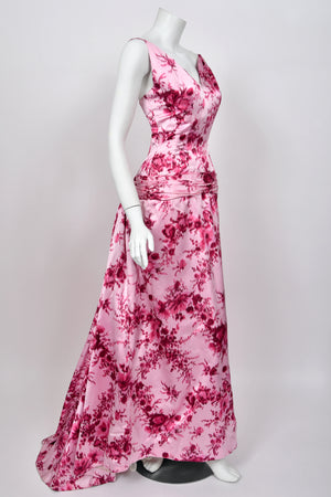 1955 Samuel Winston Vogue Documented Pink Floral Silk Satin Sculptural Trained Gown