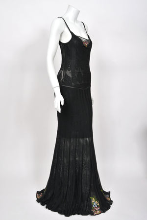 2003 John Galliano Embroidered Floral Sheer Black Pointelle Stretch Knit Bias-Cut Gown