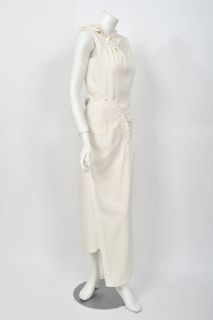 2000 Christian Dior by John Galliano Ivory Crepe Cut-Out Asymmetric Draped Dress