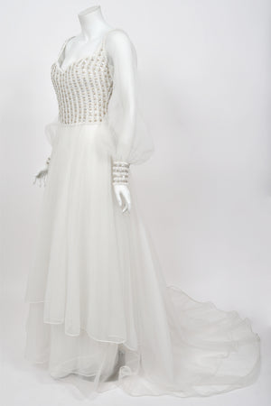 1972 Christian Dior Couture White Beaded Sheer Silk Billow-Sleeve Bridal Gown w/ Matching Veil