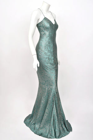 1999 Christian Dior by John Galliano Metallic Teal Blue Lamé Silk Bias-Cut Slip Gown