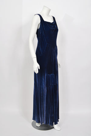 1930 Molyneux Haute Couture Documented Sapphire Blue Silk Velvet Bias-Cut Gown
