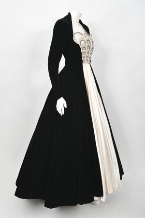 1952 Nina Ricci Haute Couture Documented Ivory Beaded Satin & Black Velvet Gown