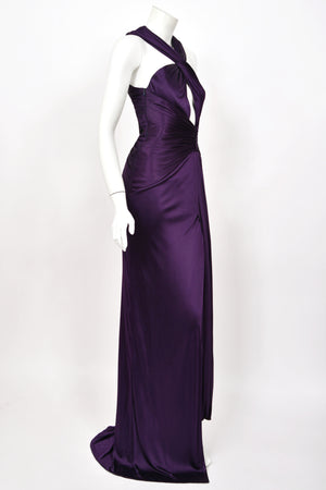 2013 Versace Runway Royal Purple Stretch Jersey Cut-Out High Slit Hourglass Gown