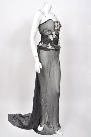 1998 Dolce & Gabbana 'Stromboli Collection' Hand-Painted Butterflies Grey Sheer Silk Corset Gown
