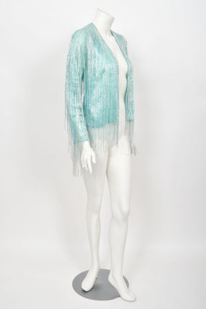 1970's Halston Couture Ice Blue Beaded Silk Fringe Disco Cardigan Jacket