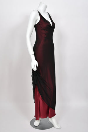 2000 John Galliano Beaded Black Sheer Silk Chiffon & Red Satin Draped Bias-Cut Gown