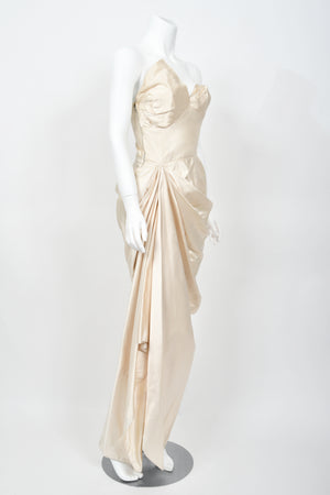 1949 Jeanne Lanvin Haute Couture Ivory Silk Satin Strapless Draped Bridal Gown