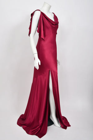 1999 John Galliano Maori Collection Wine Red Asymmetric High Slit Bias-Cut Gown
