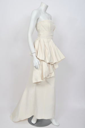 2008 Christian Dior by John Galliano Ivory Silk Strapless Bustier Peplum Gown