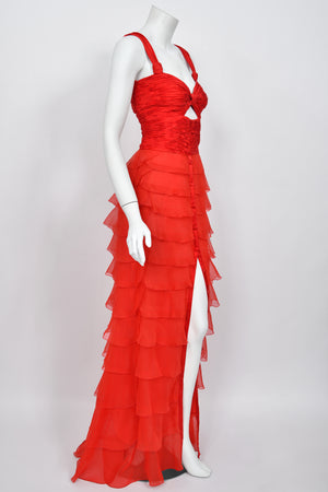 2005 Valentino Runway Iconic Red Ruched Silk Cut-Out Tiered Ruffle Gown