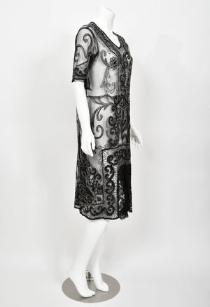 1920's Embroidered Black Sheer Mixed-Lace Beaded Art Deco Motif Dress