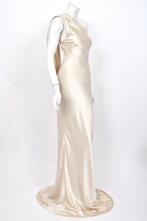 2009 Alexander McQueen Ivory Silk Draped Sleeve Ombré Fringe Bias-Cut Gown w/Tags