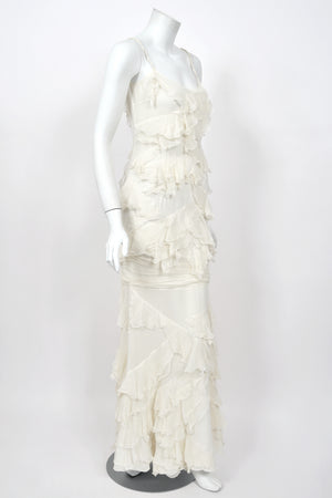2006 John Galliano Ivory Tiered Ruffle Sheer Silk Chiffon Pearl Straps Bias-Cut Slip Gown