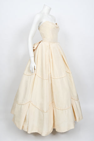 1950's Rosalie Macrini Couture Cream Silk Strapless Bridal Wedding Gown