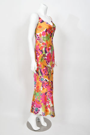 2005 Christian Dior by John Galliano Colorful Tie Dye Floral Silk Bias-Cut Dress