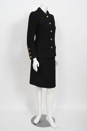 1973 Chanel Haute Couture Black Boucle Wool Logo Buttons Jacket Suit