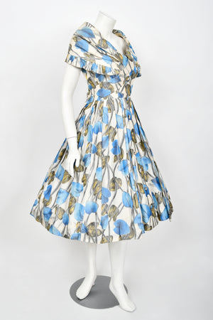 1956 Christian Dior Couture Blue Floral Silk Portrait Collar New Look Dress
