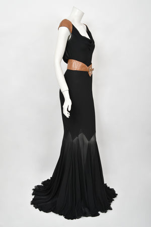 2001 Versace Couture Documented Runway Black Sheer Silk & Leather Bias-Cut Gown