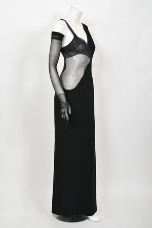 1998 Thierry Mugler Documented Runway Sheer Black Silk Asymmetric High-Slit Gown