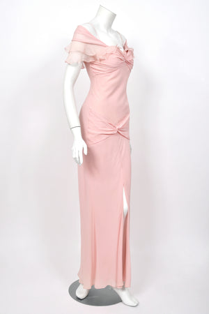 2004 Christian Dior by John Galliano Light Pink Silk Draped Shawl High Slit Bias-Cut Gown