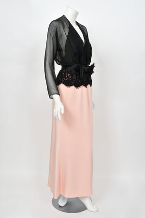 1986 Oscar de la Renta Documented Runway Black Sheer Chiffon & Pink Silk Gown