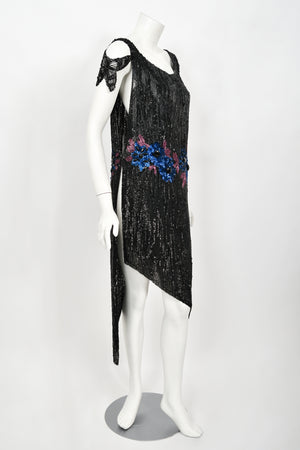 1920's Beaded Sequin Sheer-Net Butterfly Motif Asymmetric Flapper Dress