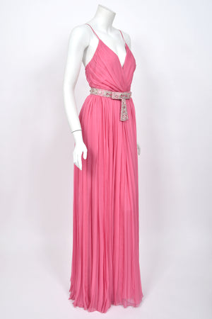 2008 Christian Dior by John Galliano Resort Pink Silk Low-Cut Jeweled Belt Pleated Gown