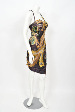 1970's Embroidered Peacock Motif Beaded Silk Couture Dance Dress