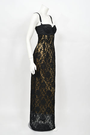 1997 Dolce & Gabbana Sheer Black Stretch Lace Built-In Bra Slip Gown