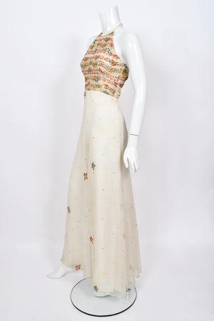 1979 Thea Porter Couture Metallic Gold Embroidered Ivory Silk-Chiffon Halter Gown