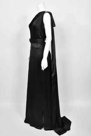 1930's Milgrim Couture Black Silk Rhinestone Deco-Bows Asymmetric Trained Gown