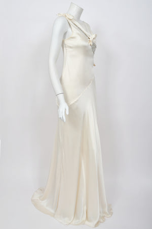 2002 Valentino Candlelight Silk Beaded Sequin Cut Out Ties Draped Bias-Cut Gown