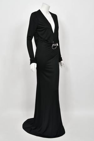 2004 Gucci by Tom Ford Black Silk Jersey Plunge Long Sleeve Cut-Out Finale Gown