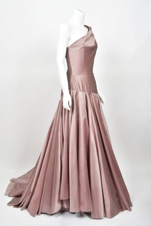 2003 Givenchy Mauve Pink Silk Asymmetric One-Shoulder Full Skirt Trained Gown