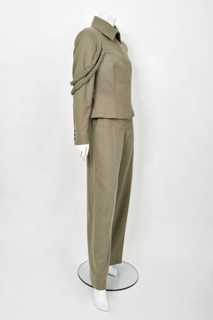 2001 Alexander McQueen Documented Runway Moss-Green Wool Braided Jacket Pantsuit